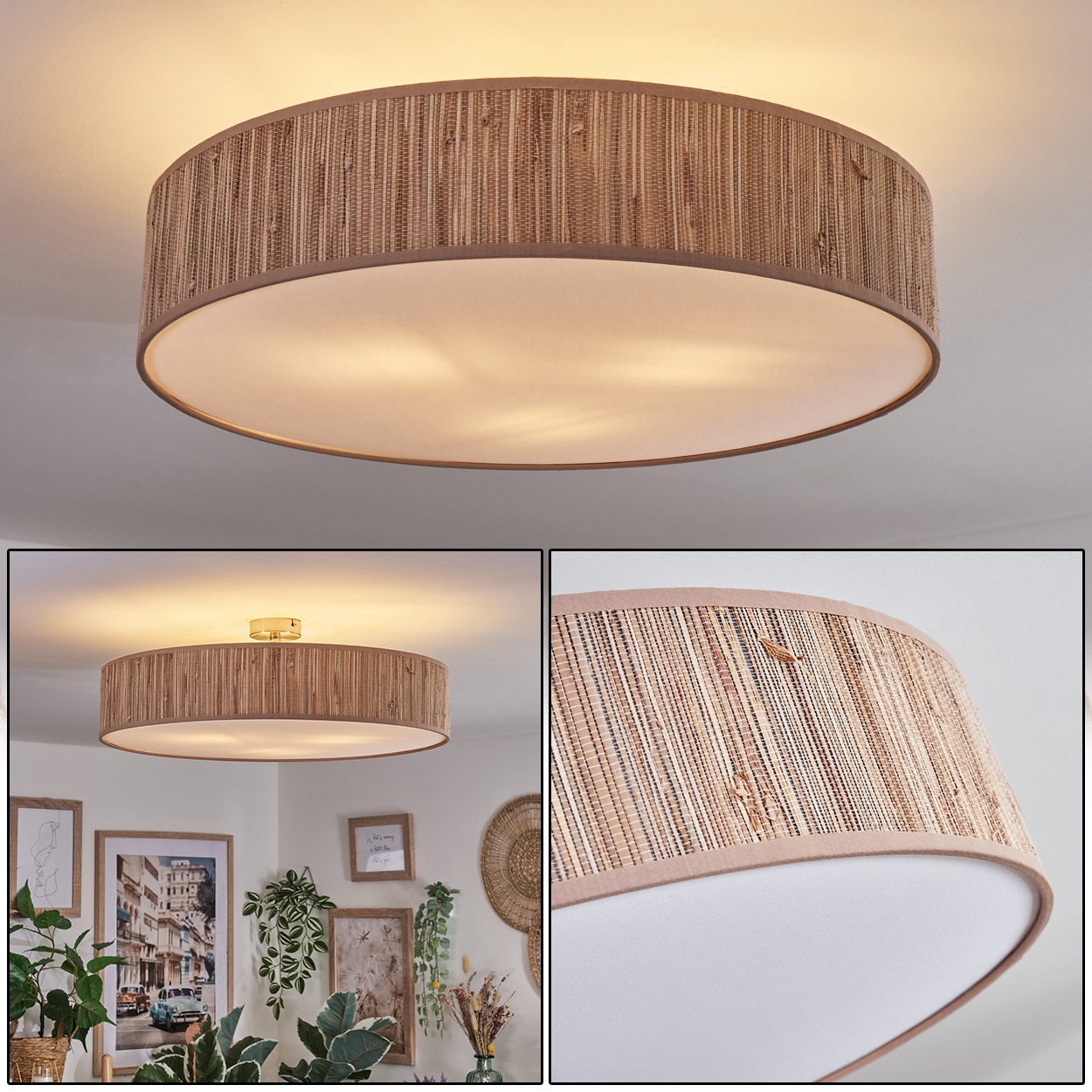 Eine runde Deckenlampe mit gewebtem braunen Lampenschirm und weißem Innenraum. Die Lampe ist an einer weißen Decke montiert.