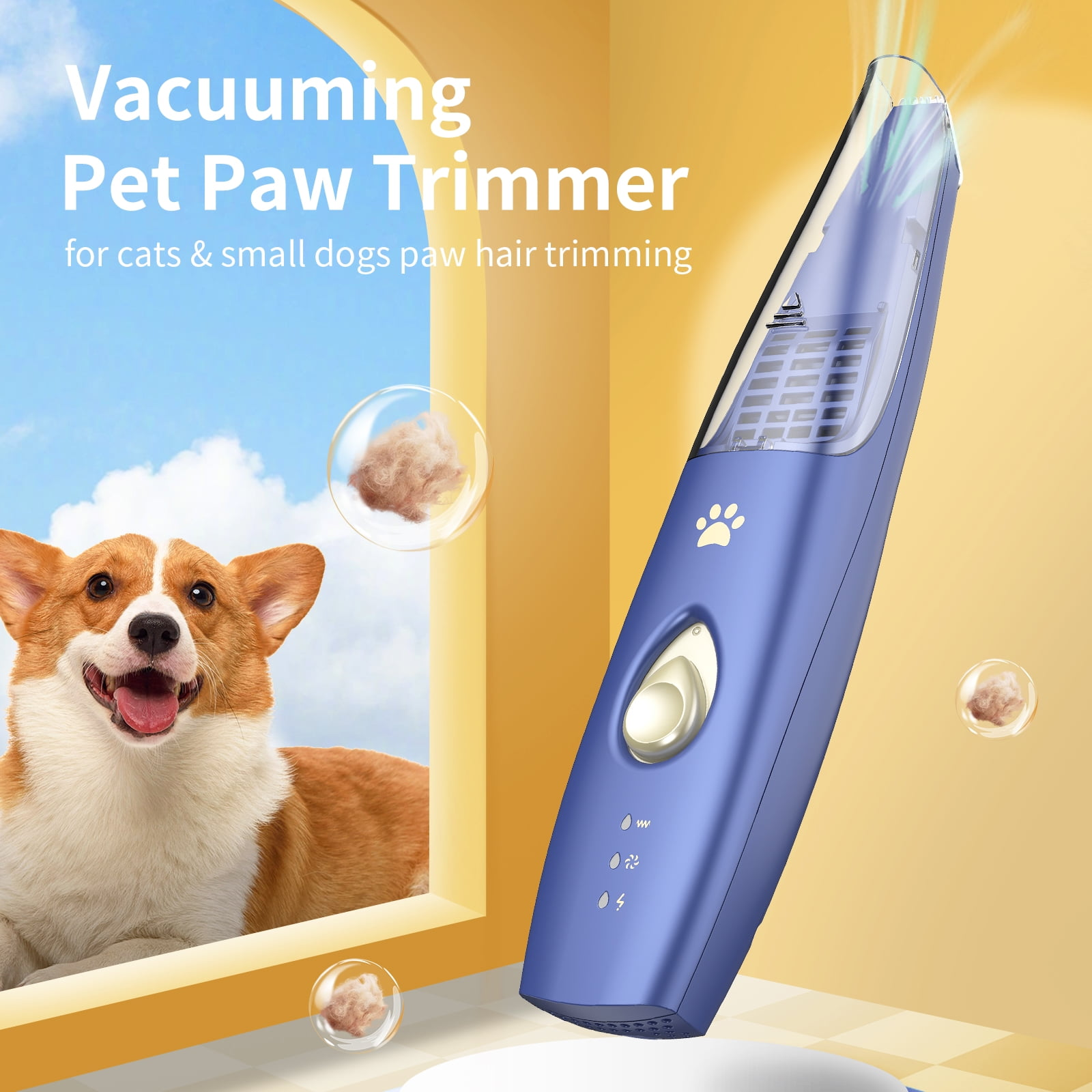 Ein blauer Pfoten-Trimmer für Haustiere mit einem Hund. Text: "Saugender Pfoten-Trimmer".