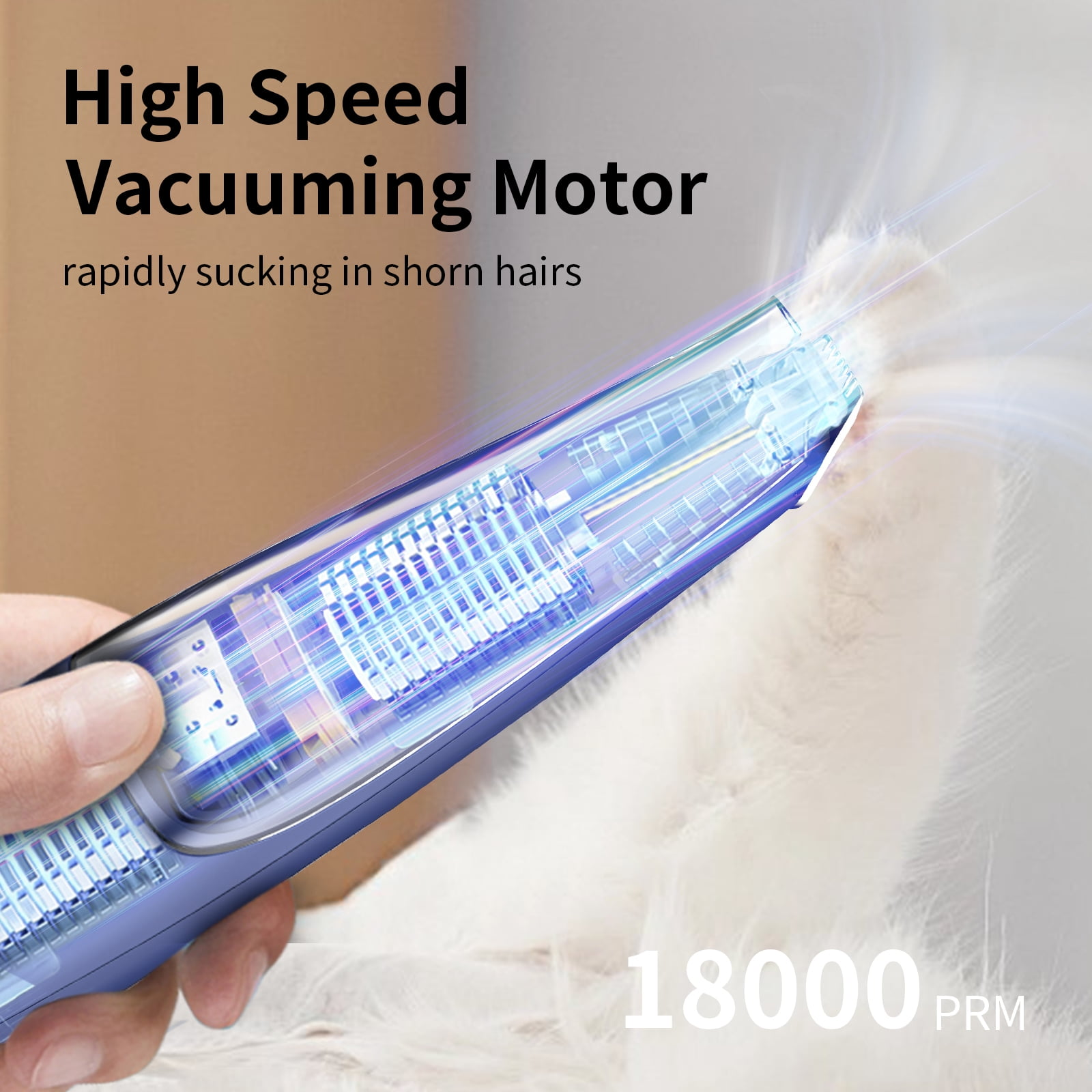Ein blauer Tierhaarstaubsauger entfernt weiße Tierhaare. Text: 'High Speed Vacuuming Motor' und '18000 PRM'.