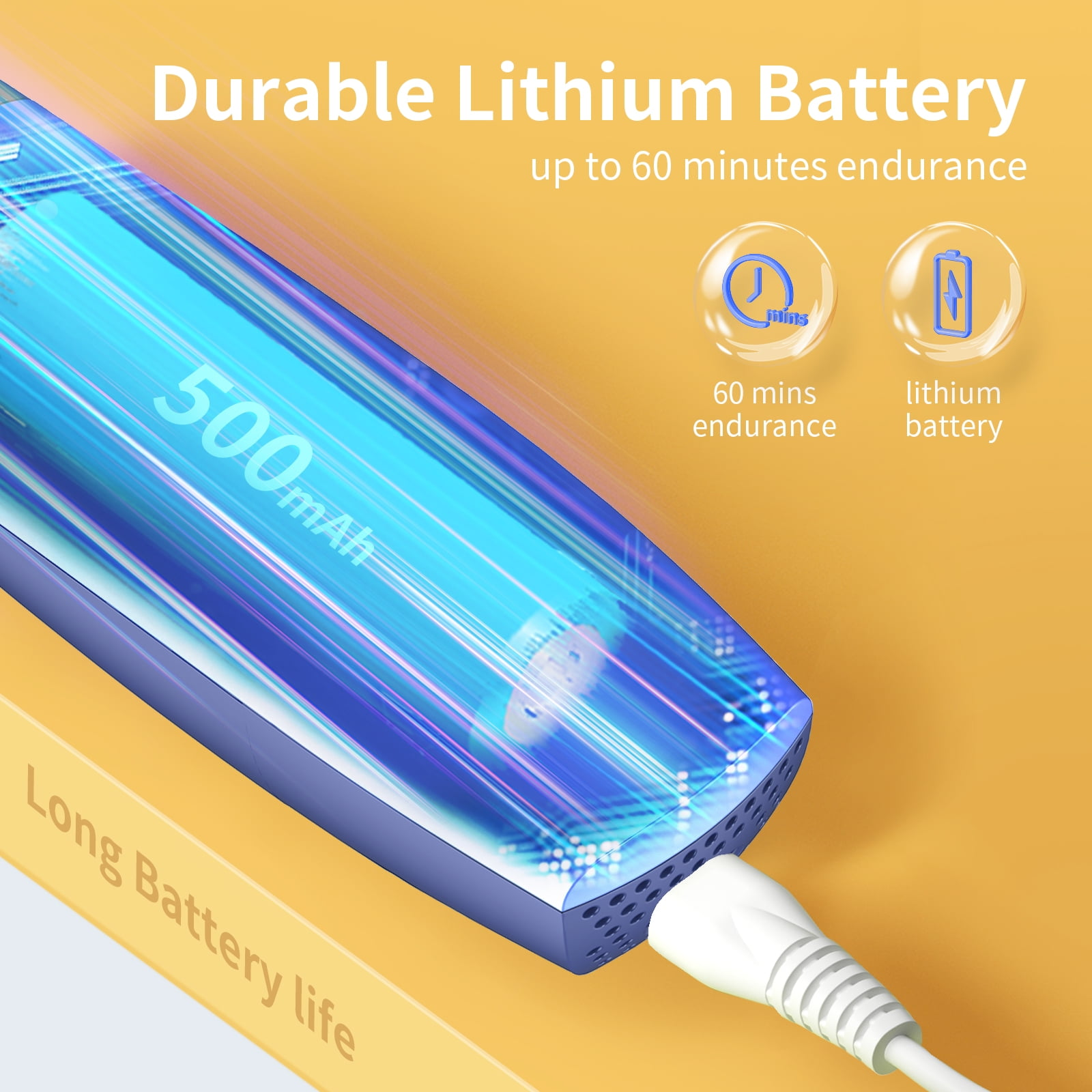 Blaues Gerät, lädt. Text 'Durable Lithium Battery'. Icons zeigen 60 Min. Ausdauer und eine Lithiumbatterie.