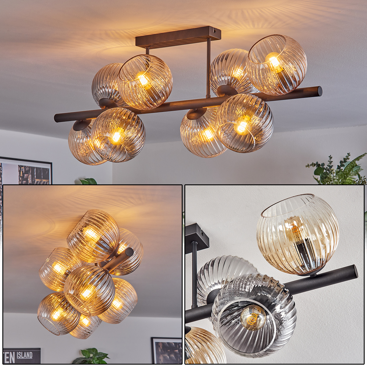 Eine moderne Deckenlampe mit mehreren Glaskugelschirmen. Die Schirme sind gerippt und beherbergen warm getönte Glühbirnen. Die Leuchte ist aus dunklem Metall.