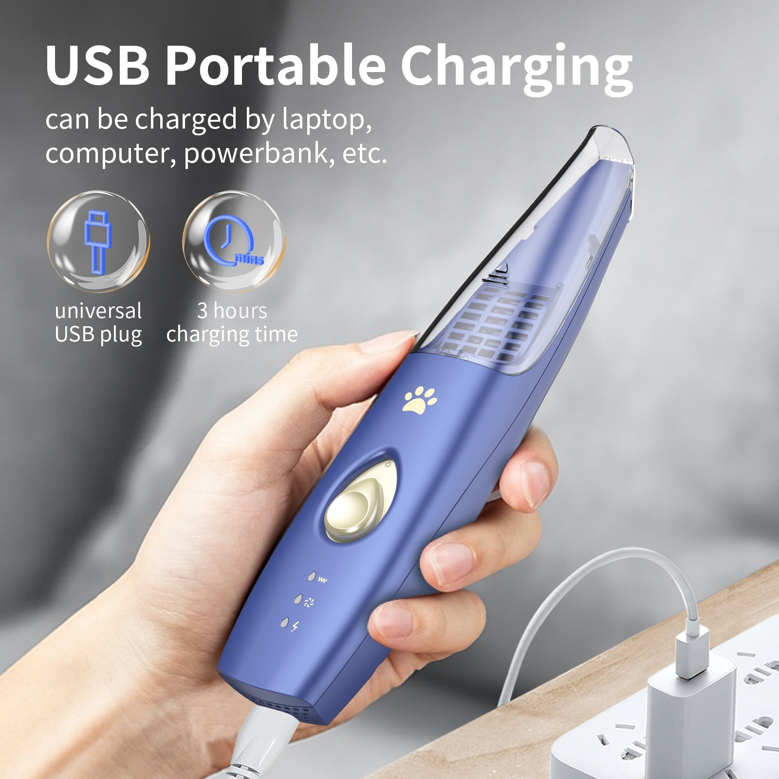Eine Hand hält ein blaues Haustierpflegewerkzeug. Es ist an ein Ladegerät angeschlossen. Text zeigt USB-Aufladung und 3 Stunden Ladezeit.
