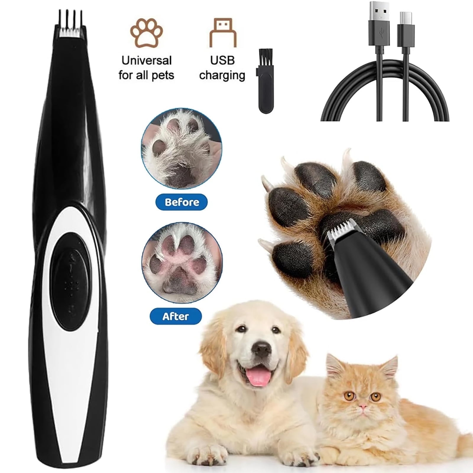 Tierpflege-Set mit Vorher-/Nachher-Pfotenbildern, einem Hund und einer Katze. Enthält einen Trimmer, ein USB-Ladekabel und eine Reinigungsbürste.