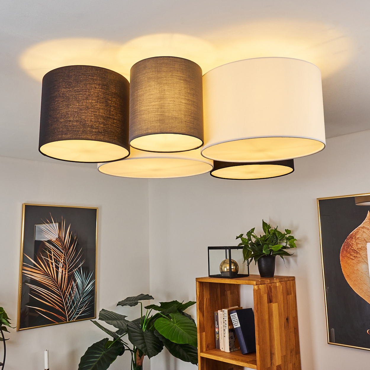 Eine moderne Deckenleuchte mit fünf Lampenschirmen in verschiedenen Farben. Darunter ein Holzregal mit Pflanzen und Gemälden an der Wand.
