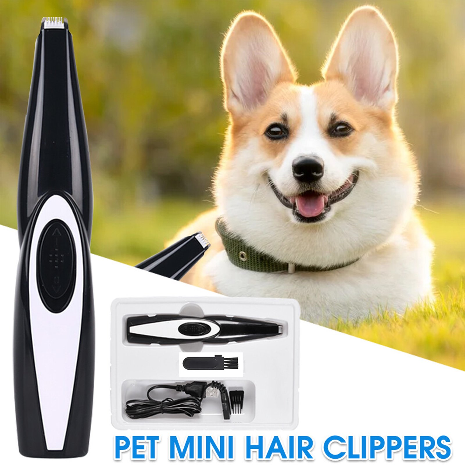 Ein Hunde-Haarschneideset mit einem Corgi im Hintergrund. Die Haarschneidemaschine ist schwarz-weiß. Der Hund lächelt.