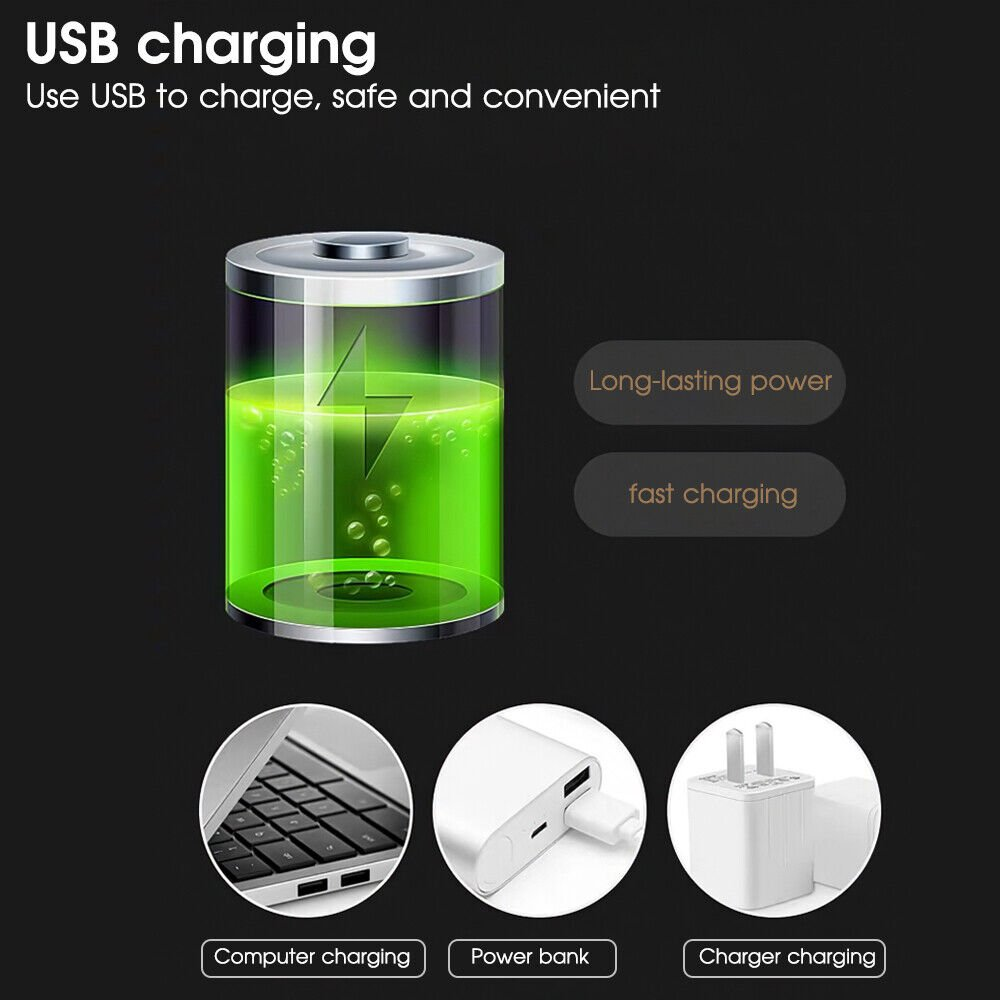 Das Bild zeigt ein Akkusymbol mit grüner Füllung, das USB-Laden darstellt. Außerdem Computer, Powerbank und Ladegerät mit Text.