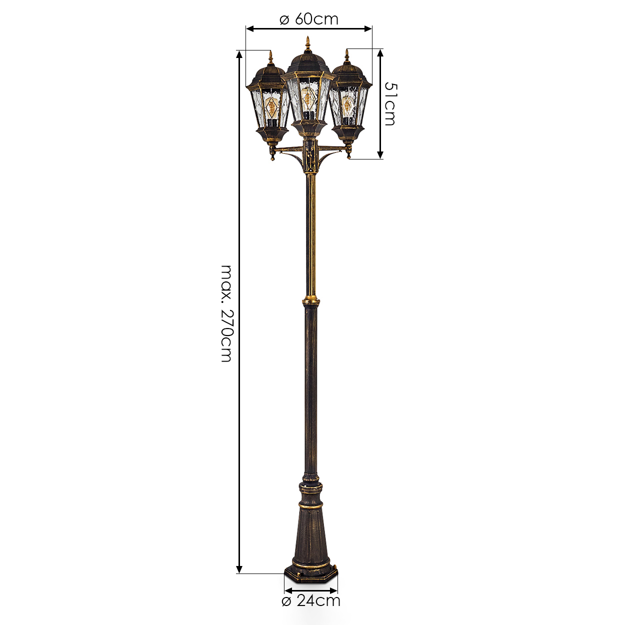 Eine dekorative Außenlampe mit drei Lichtern. Die Lampe ist schwarz und goldfarben, mit angegebenen Abmessungen. Max. Höhe 270 cm.