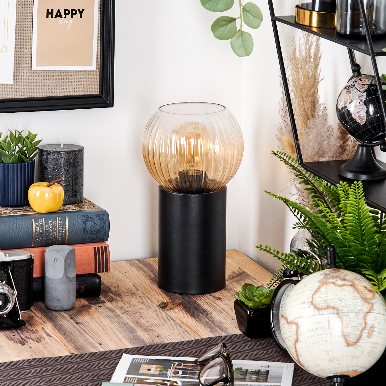 Ein Schreibtisch mit Lampe, Büchern, Globus und Pflanzen. Ein schwarzes Regal und ein Bilderrahmen im Hintergrund.