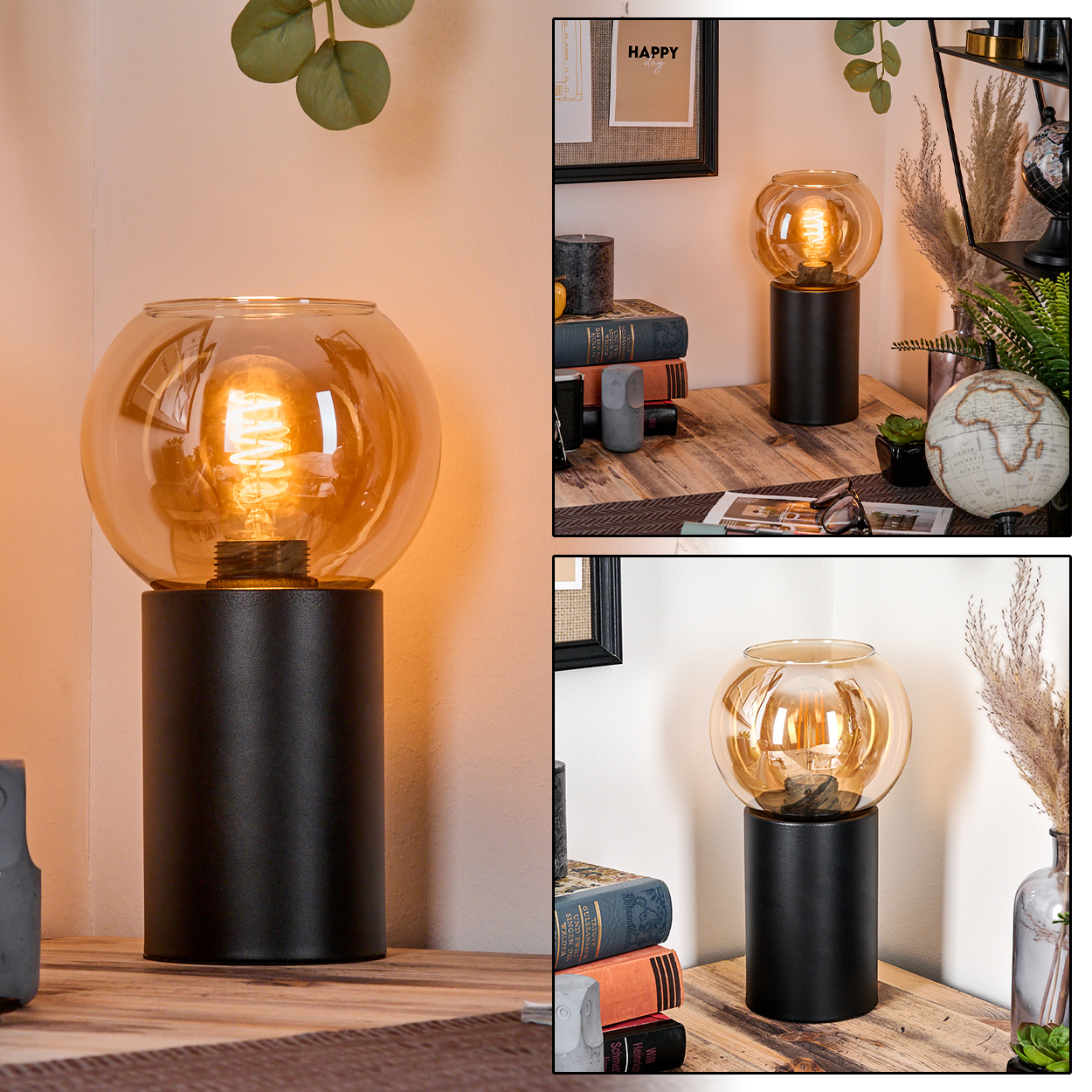 Eine Tischlampe mit schwarzem Sockel und rundem, bernsteinfarbenem Glasschirm. Sie steht auf einem Holztisch, im Hintergrund Bücher und Dekoration.
