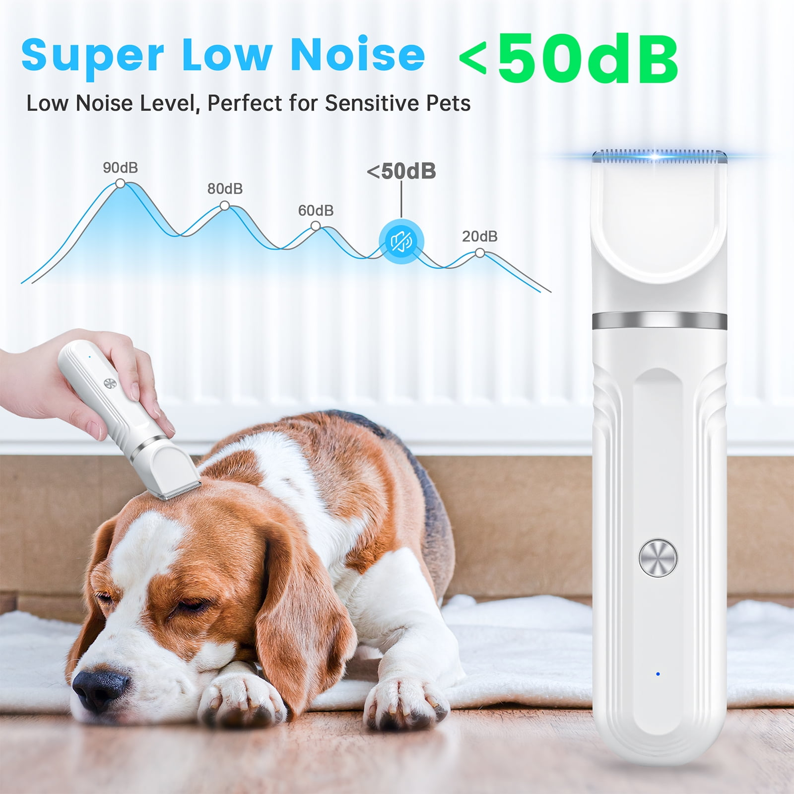Ein weißes Hunde-Pflegewerkzeug wird an einem Beagle verwendet. Text sagt 'Super Low Noise'. Der Geräuschpegel liegt unter 50 dB.