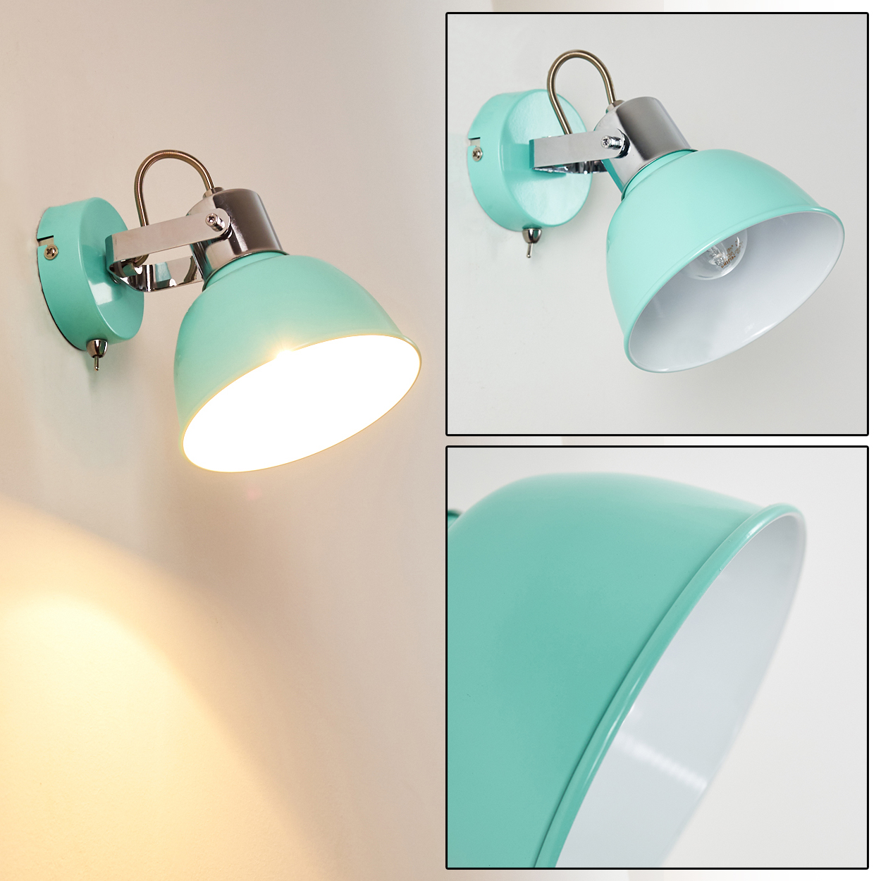 Eine mintgrüne Wandleuchte mit Chromarm. Die Lampe ist an und wirft ein warmes Licht an die Wand.