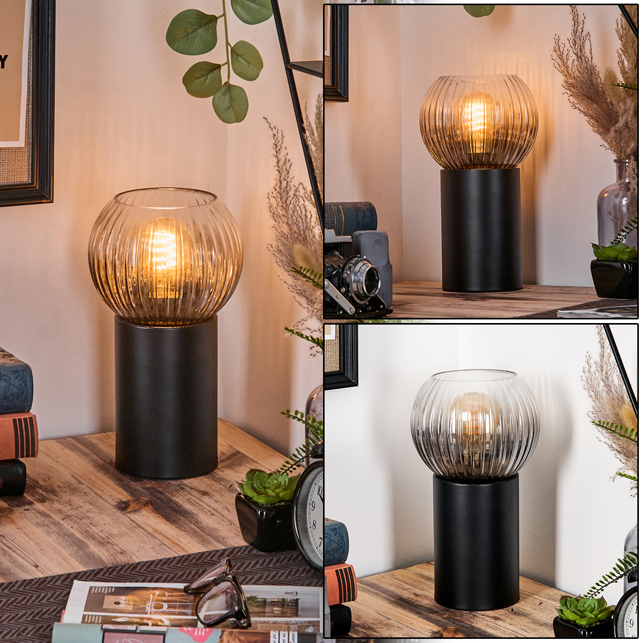 Eine dekorative Lampe mit geripptem Glasschirm steht auf einem schwarzen Sockel. Der Hintergrund umfasst Deko wie eine Kamera und Pflanze.