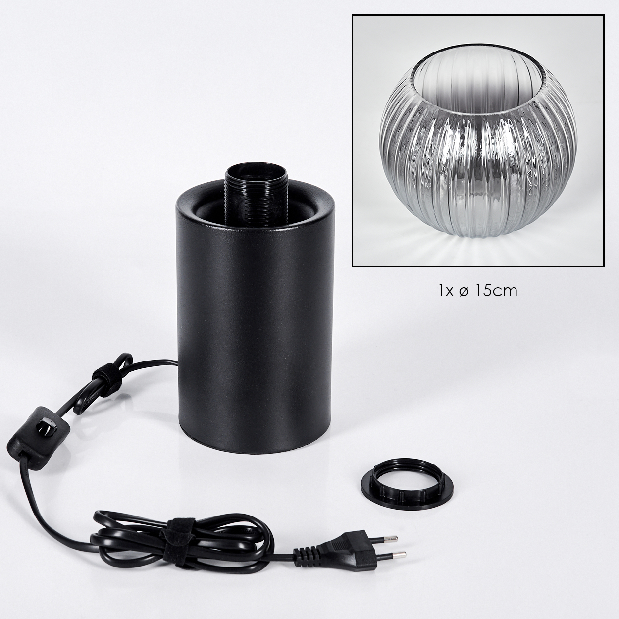 Schwarzer Lampensockel mit Netzkabel, Glasschale und kleinem schwarzen Ring. Die Schale wird in einem kleinen Bild gezeigt.