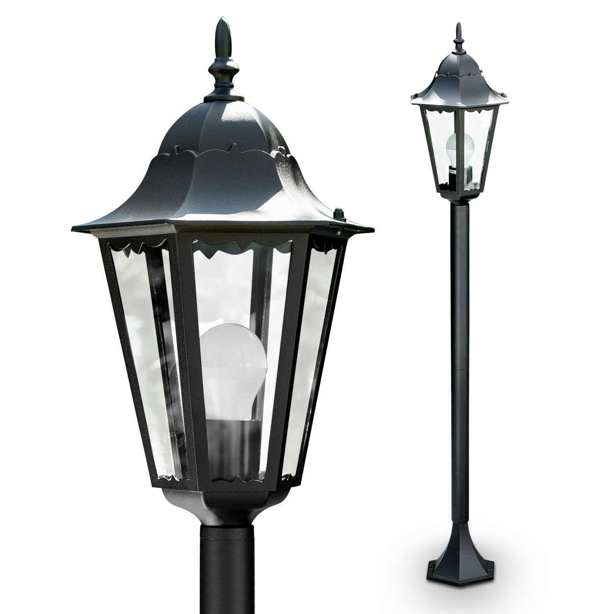 Zwei schwarze Straßenlaternen. Eine ist näher, zeigt die Glühbirne. Beide haben Glasscheiben und stehen auf schwarzen Pfosten. Weißer Hintergrund.