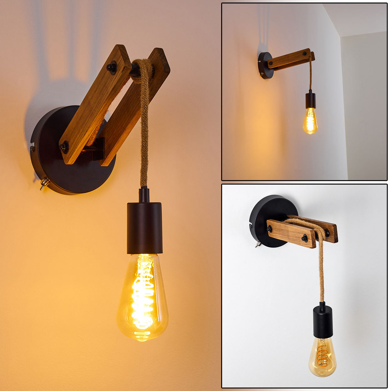Eine Wandleuchte mit Holzbalken und schwarzem Sockel, die eine dekorative Glühbirne hält. Die Leuchte befindet sich an einer weißen Wand.