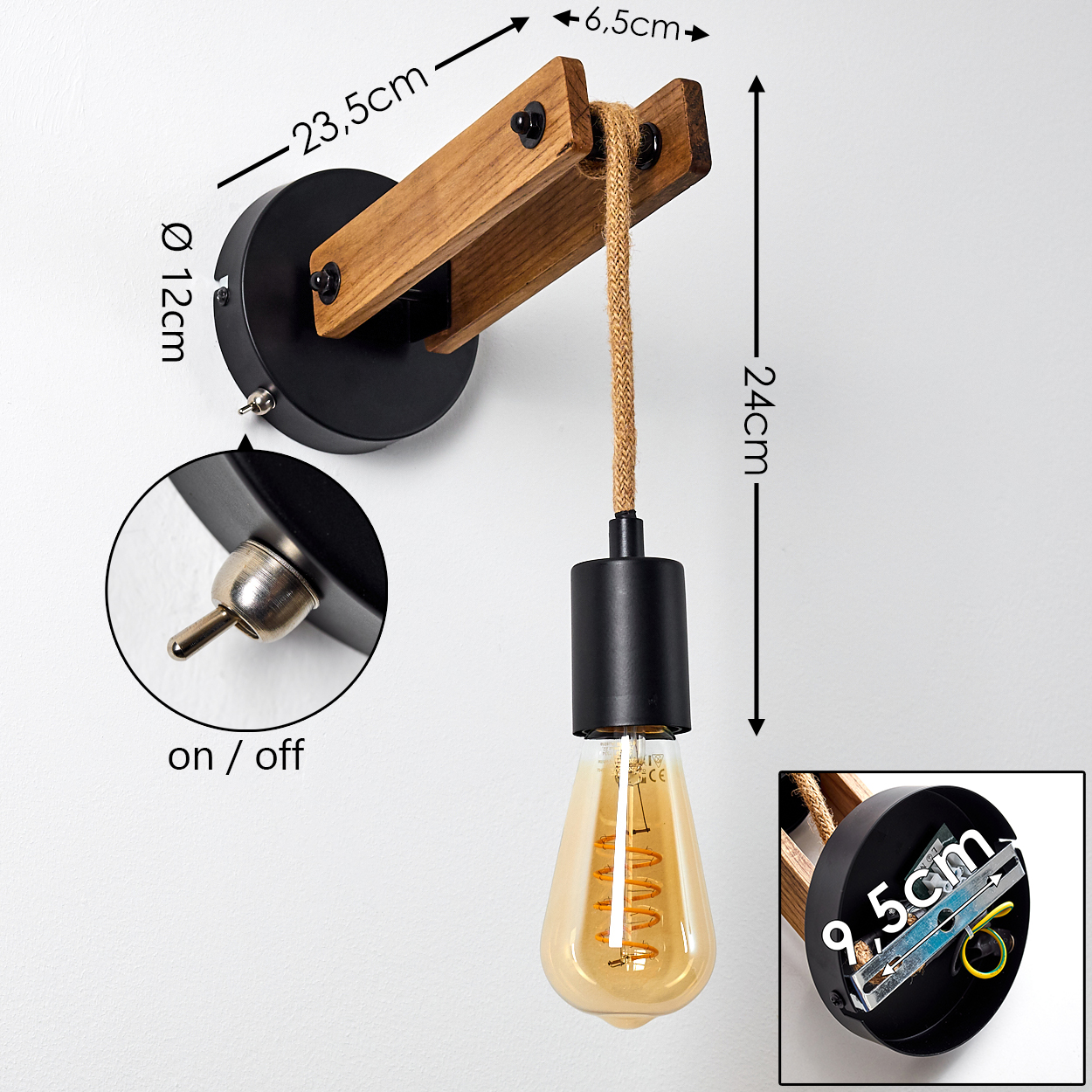 Eine Wandlampe mit Holzbogen und schwarzem Metallsockel. Eine Edison-Glühbirne hängt an einem Seil. Abmessungen sind angegeben.