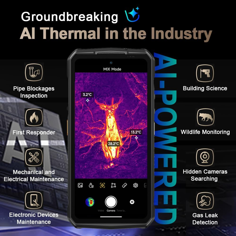 Un telefono mostra un'immagine termica di un cervo. Il testo include 'AI Thermal' e icone per varie applicazioni come l'edilizia.
