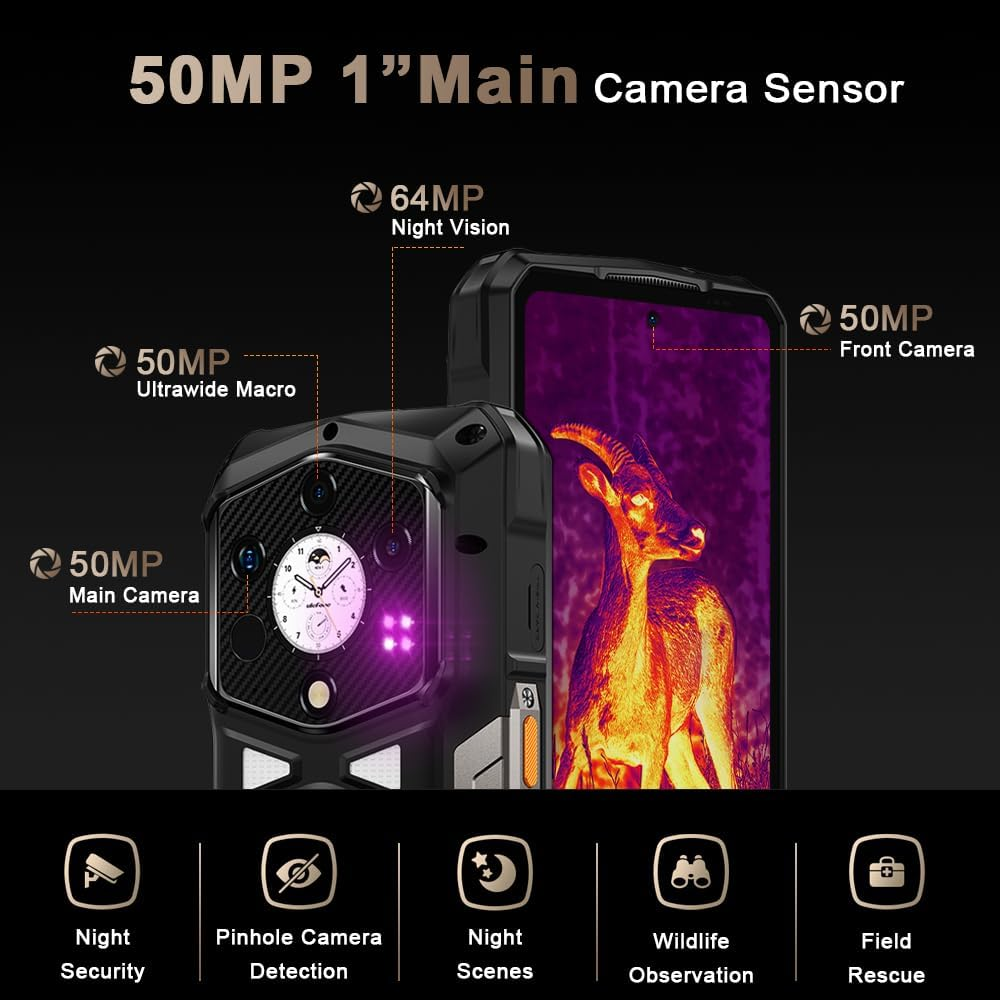 L'immagine mostra un telefono robusto con specifiche della fotocamera. Le caratteristiche includono visione notturna, osservazione della fauna selvatica e soccorso sul campo.