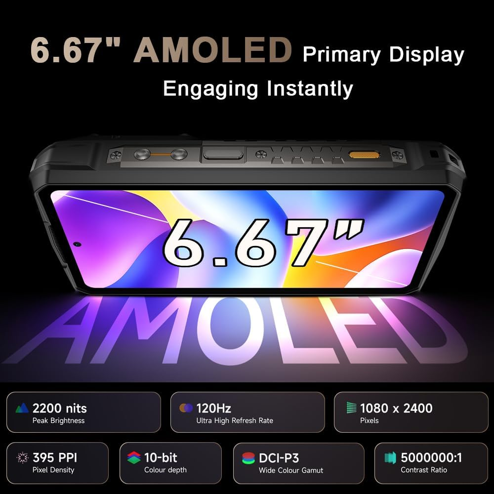 Schermo del telefono con '6.67 AMOLED' e specifiche: 2200 nits, 120Hz, 395 PPI, 10-bit, DCI-P3, 1080x2400, 5000000:1.