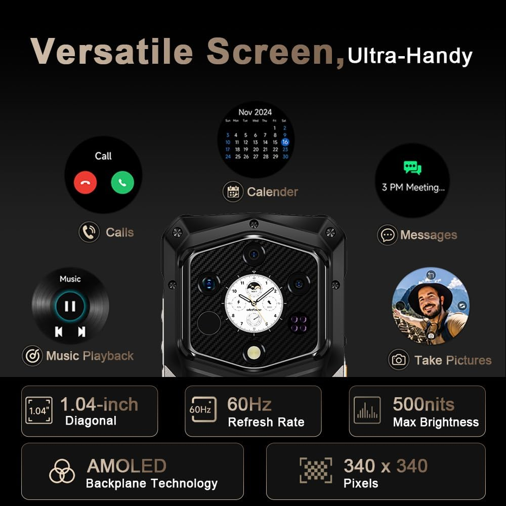 Smartwatch con funzioni: chiamate, calendario, musica, messaggi, scattare foto e specifiche del display.