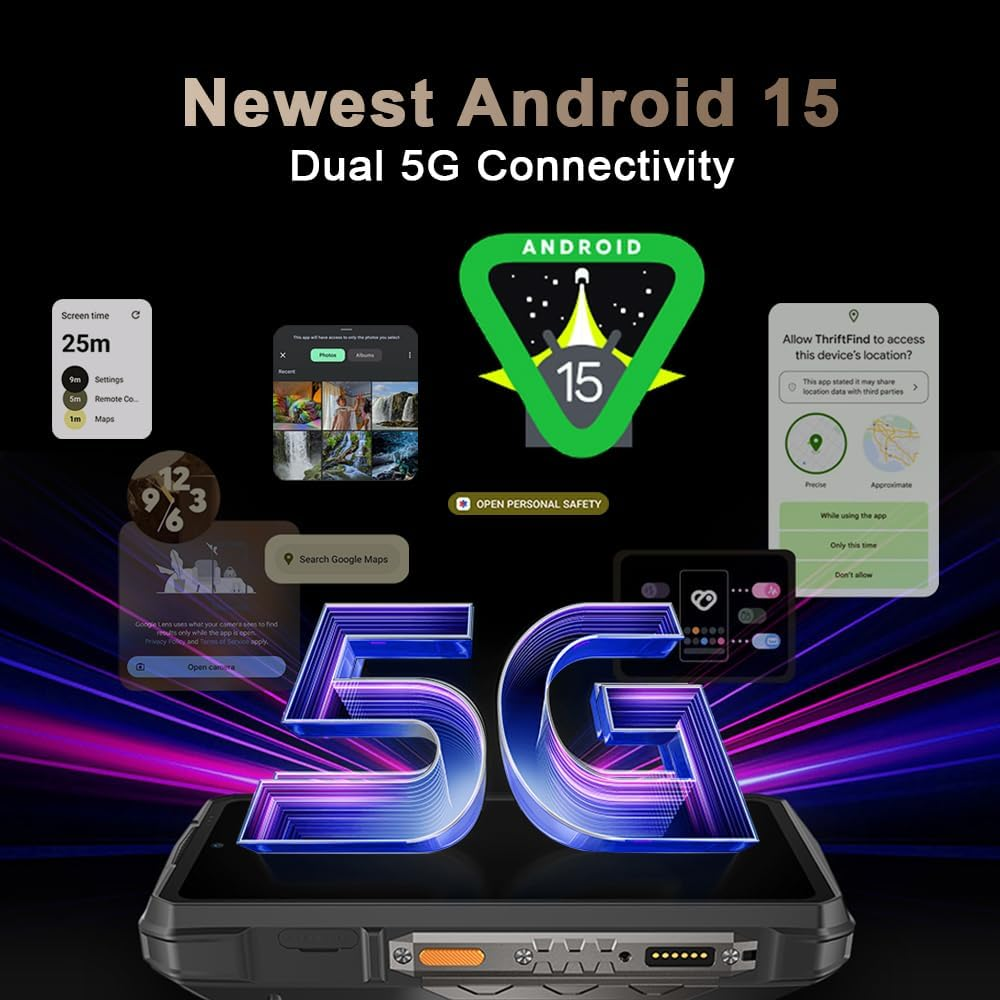 Un telefono Android mostra le funzionalità di Android 15, la connettività dual 5G ed esempi di interfaccia delle app con un logo 5G in primo piano.