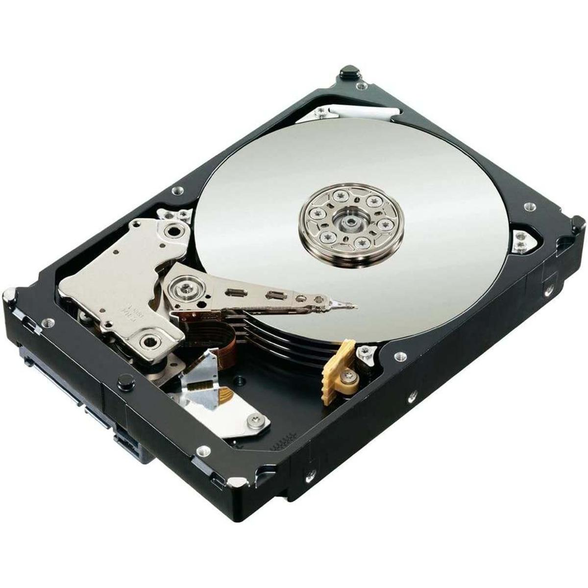 Hard disk aperto. Dischi argentati all'interno di un involucro nero. Testine di lettura/scrittura e altri componenti interni visibili.