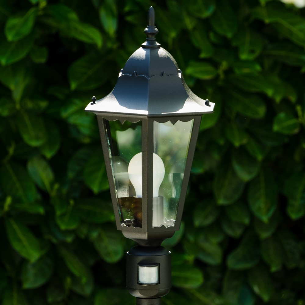 Schwarze Außenlampe mit einer weißen Glühbirne, vor dem Hintergrund grüner Blätter. Die Lampe hat ein Glasgehäuse.