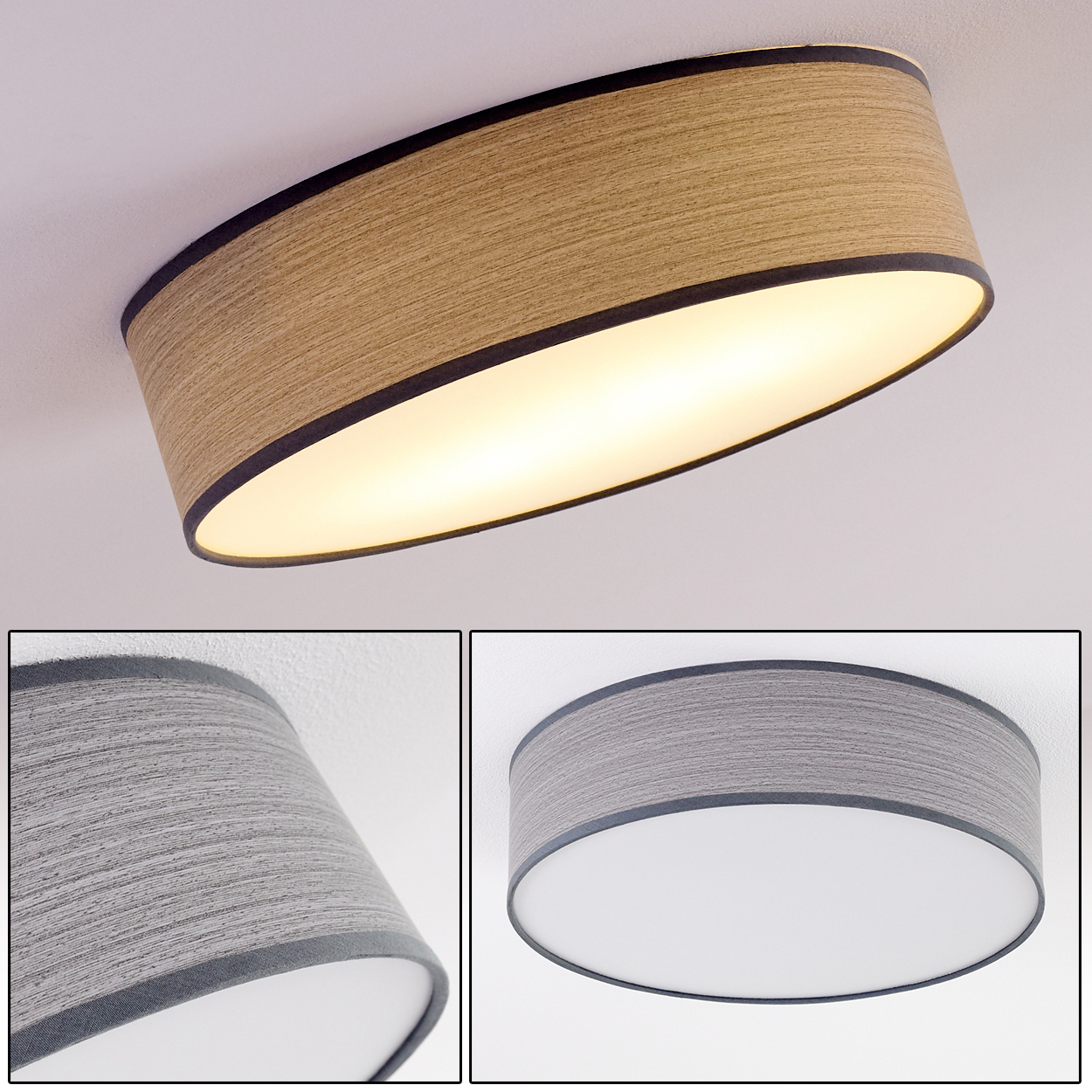 Eine moderne Deckenlampe mit holzähnlichem Schirm, schwarzem Rand und weißem, beleuchtetem Innenraum. Sie ist an einer weißen Decke montiert.