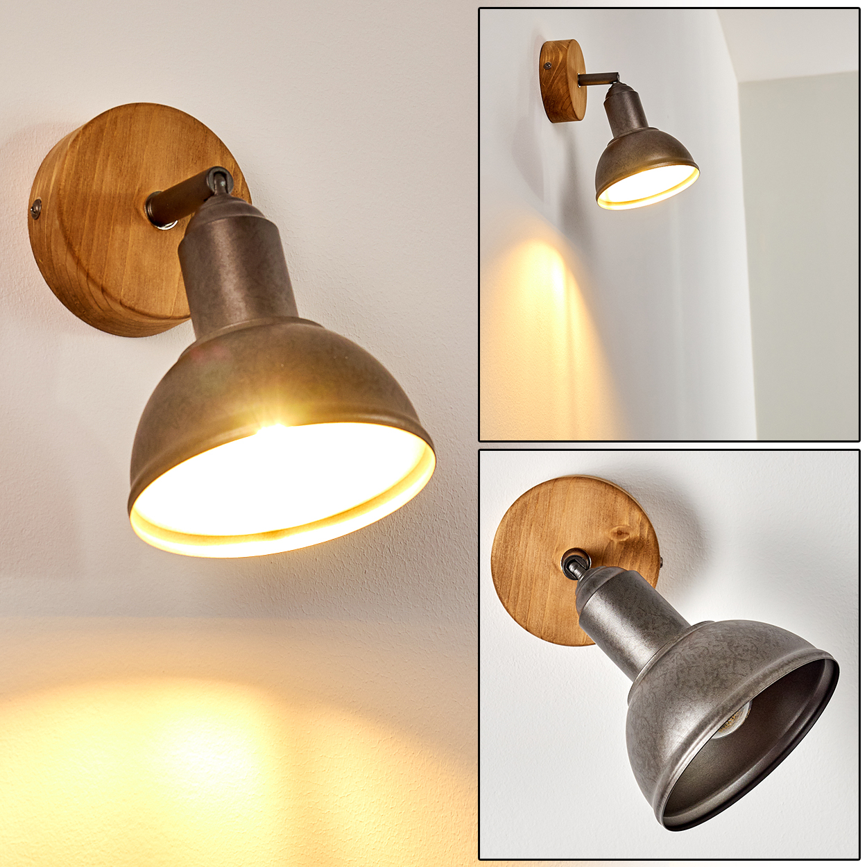 Eine Metall-Wandleuchte mit Holzsockel ist an einer weißen Wand befestigt. Die Lampe leuchtet und wirft ein warmes Licht. Die Lampe ist abgewinkelt.