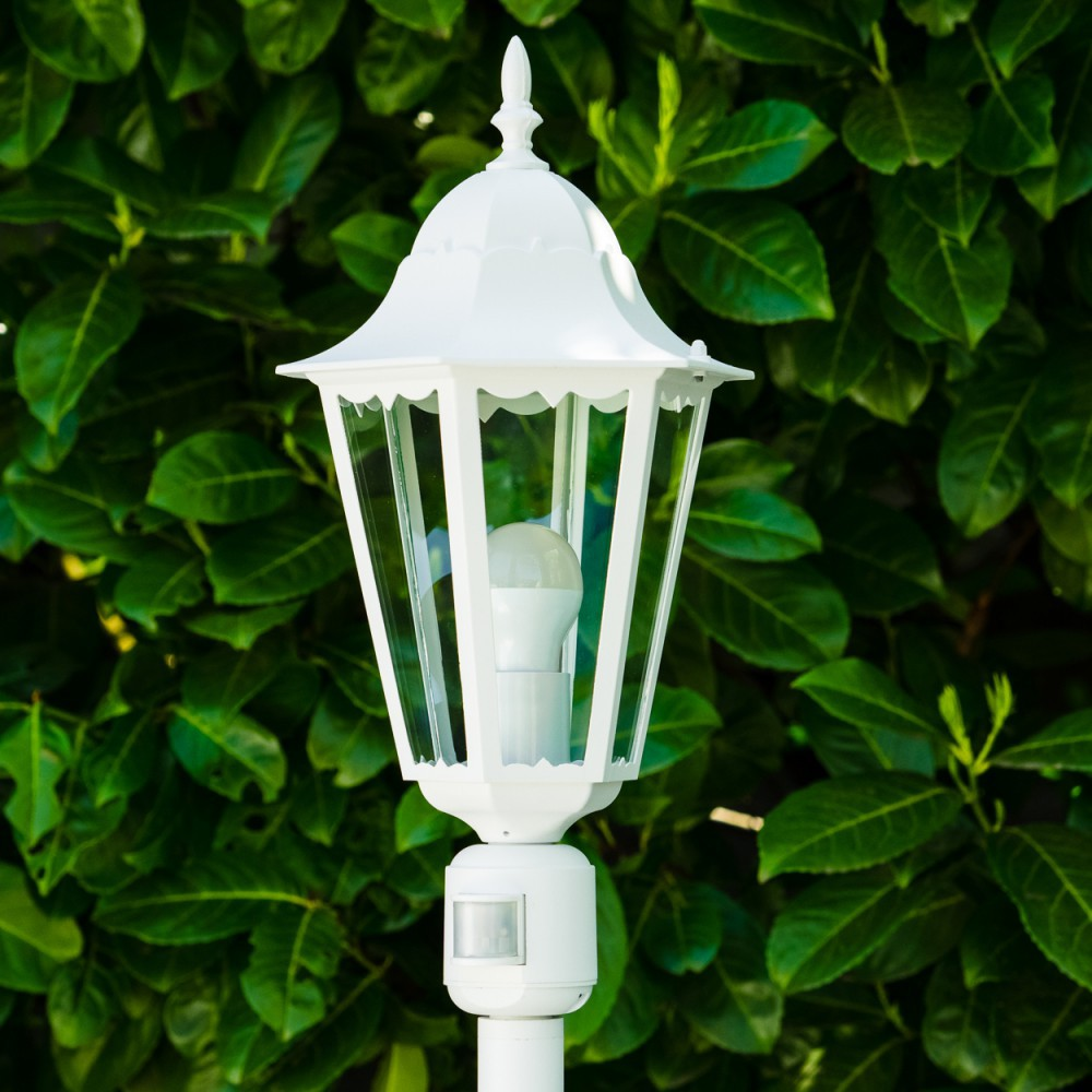Eine weiße Außenlampe mit Glasgehäuse und Glühbirne vor dem Hintergrund grüner Blätter.