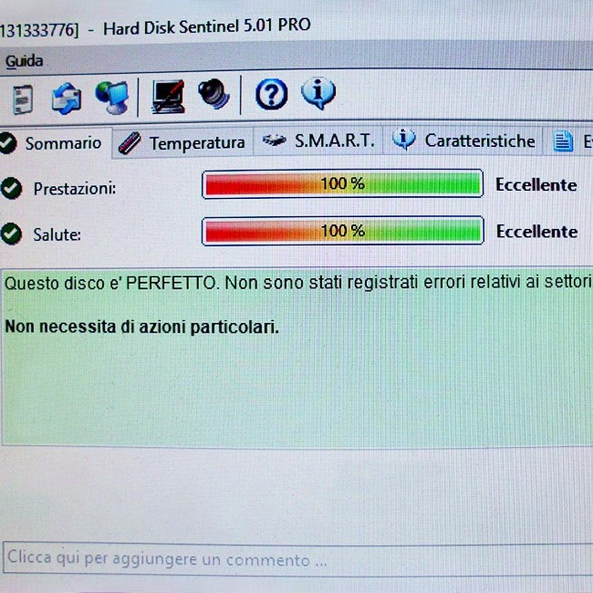 Captura de pantalla de un software de salud de disco. El rendimiento y la salud son excelentes. El texto dice que el disco es perfecto.