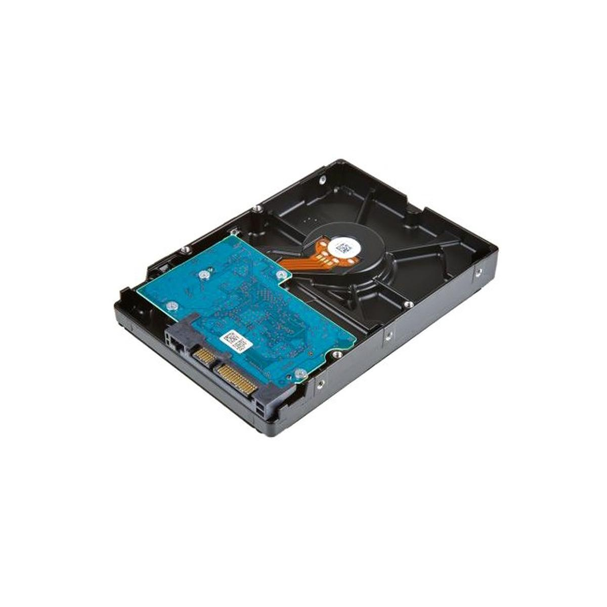 Un disco rigido, che mostra i componenti interni. È collegata una scheda di circuito blu. L'unità è nera, su sfondo bianco.
