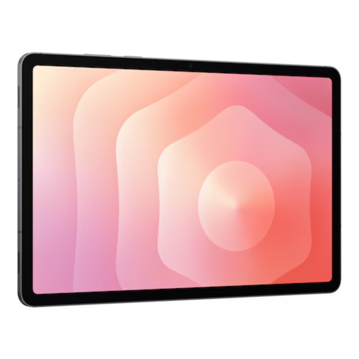 Un tablet con un design astratto colorato sullo schermo, che mostra forme in tonalità di rosa, arancione e bianco. Il tablet è nero.