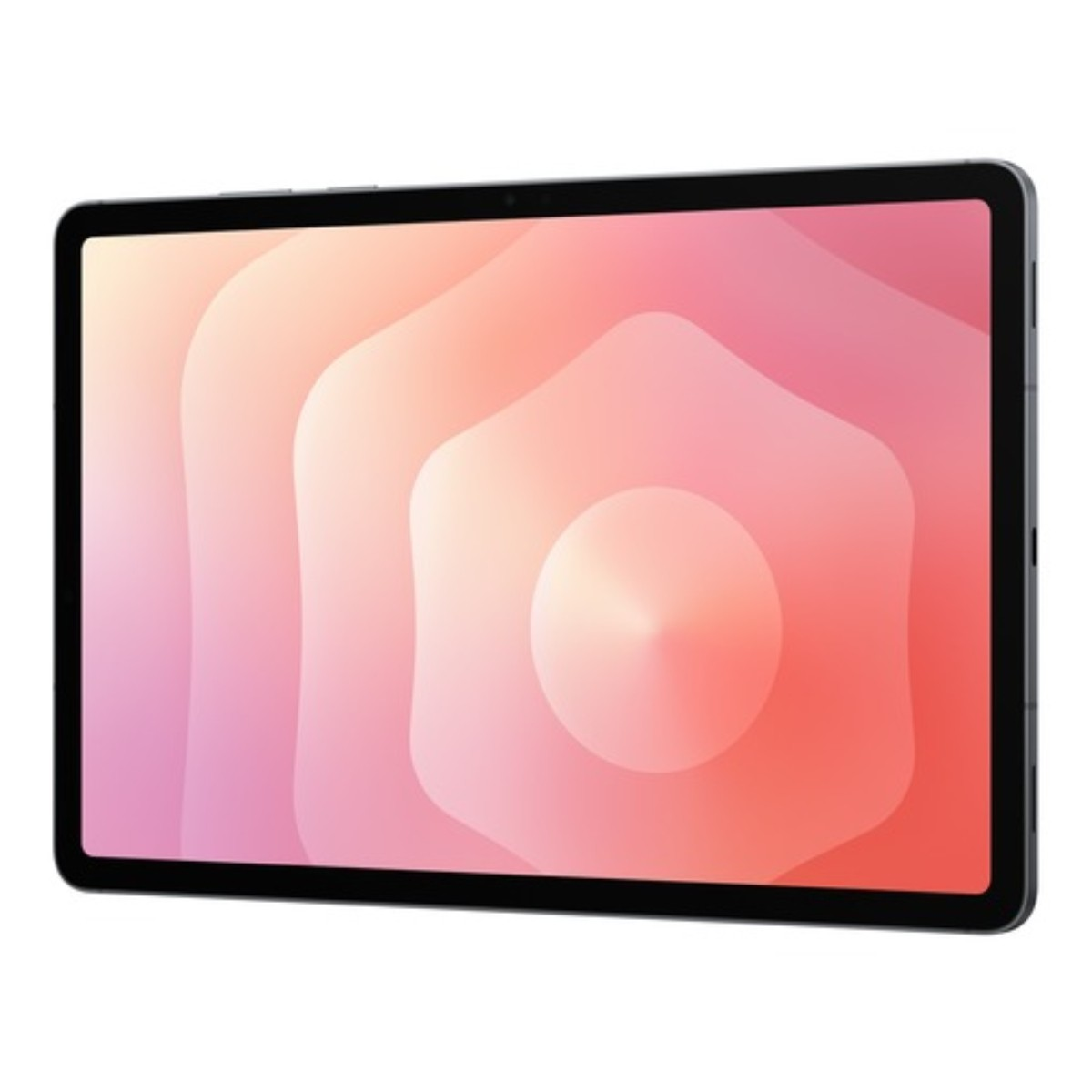 Tablet con sfondo astratto e colorato. Lo schermo mostra un gradiente di forme rosa e arancioni. Il tablet è grigio.