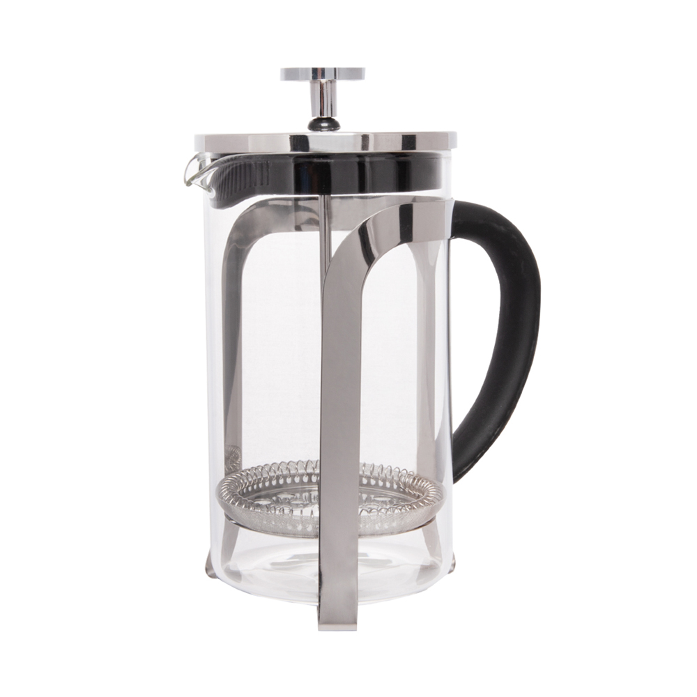 Siyah saplı, çelik çerçeveli ve gümüş kapaklı şeffaf camdan bir French press kahve makinesi. Beyaz bir arka plan üzerinde izole edilmiştir.
