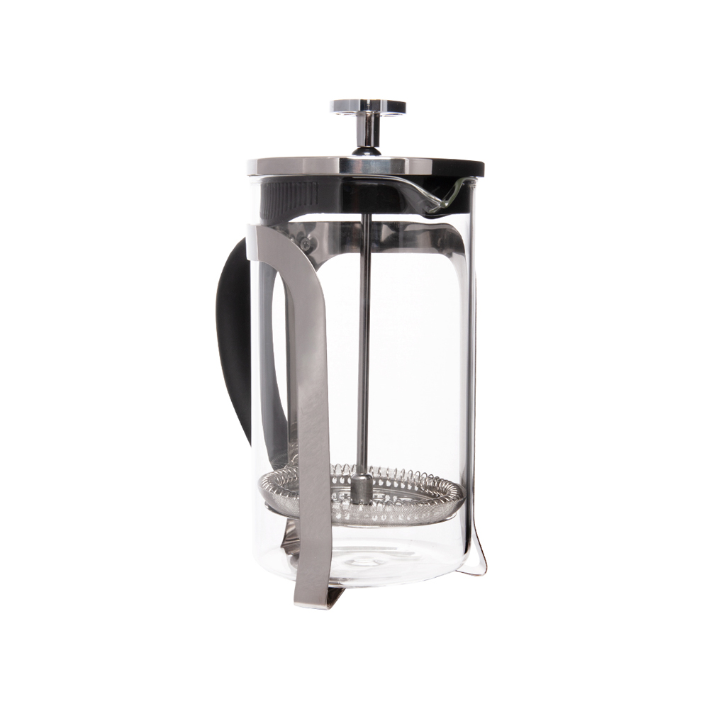 Paslanmaz çelik çerçeve ve kapaklı, şeffaf camdan bir French press kahve makinesi. Siyah bir sapı ve bir filtresi var.