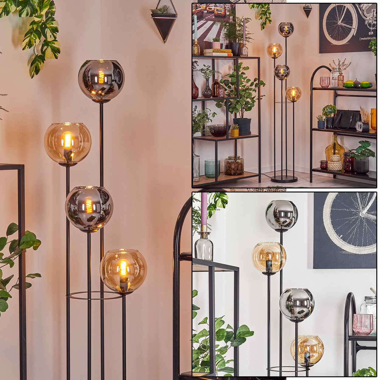 Eine moderne Stehlampe mit vier Glaskugelschirmen. Der Raum hat Regale mit Pflanzen und Dekor sowie ein Fahrradrad-Kunstwerk.