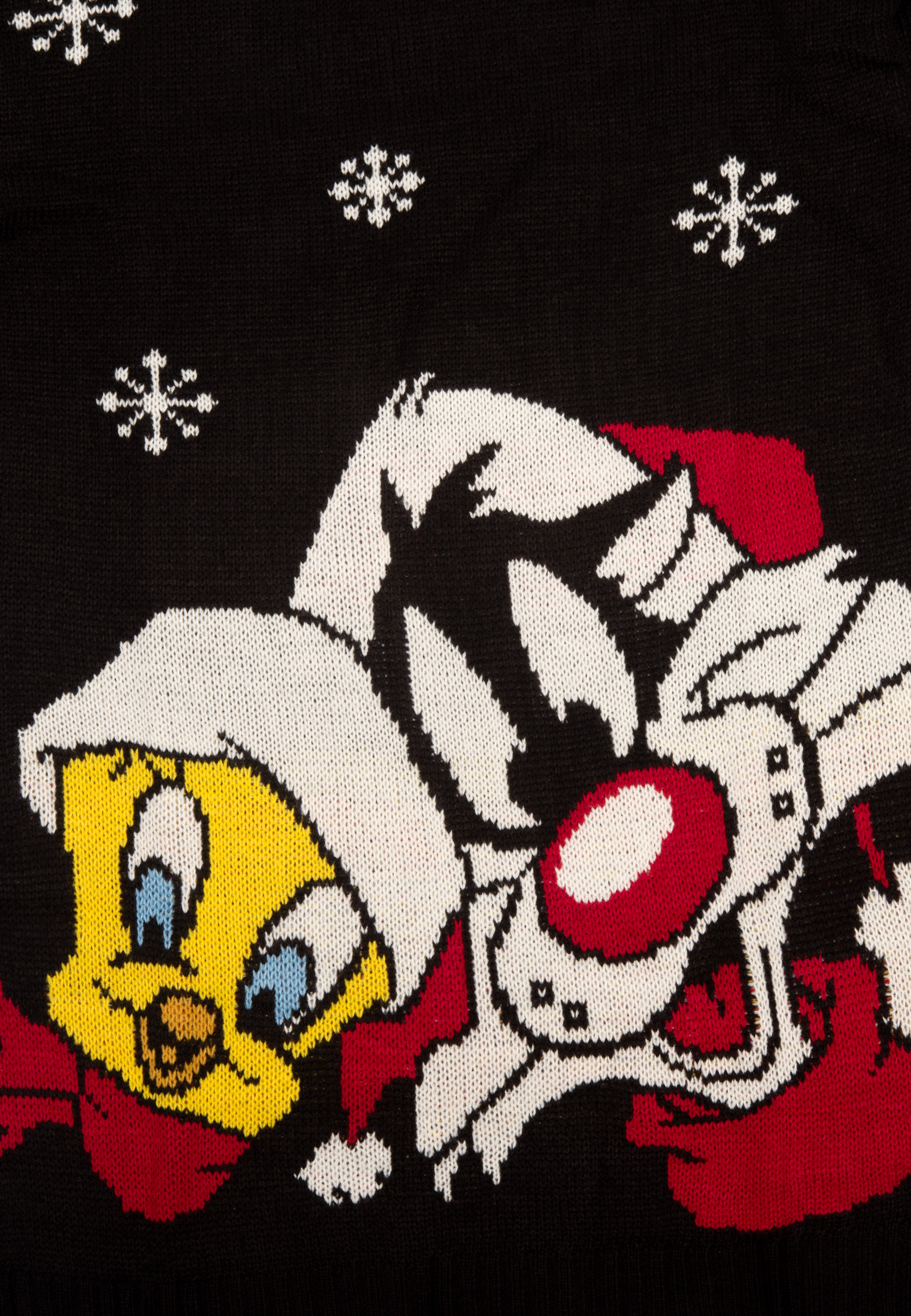 Ein Strickpullover mit Sylvester und Tweety Bird. Schwarzer Hintergrund mit weißen Schneeflocken.