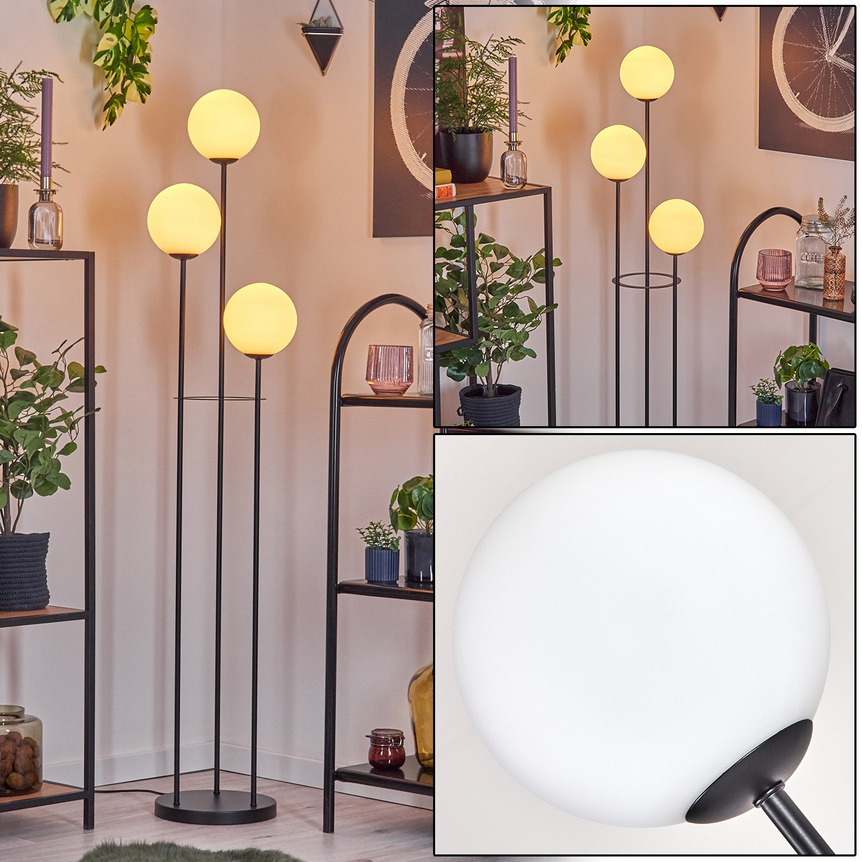 Eine moderne Stehlampe mit drei leuchtenden Kugeln. Im Hintergrund Regale mit Pflanzen und Dekoration.