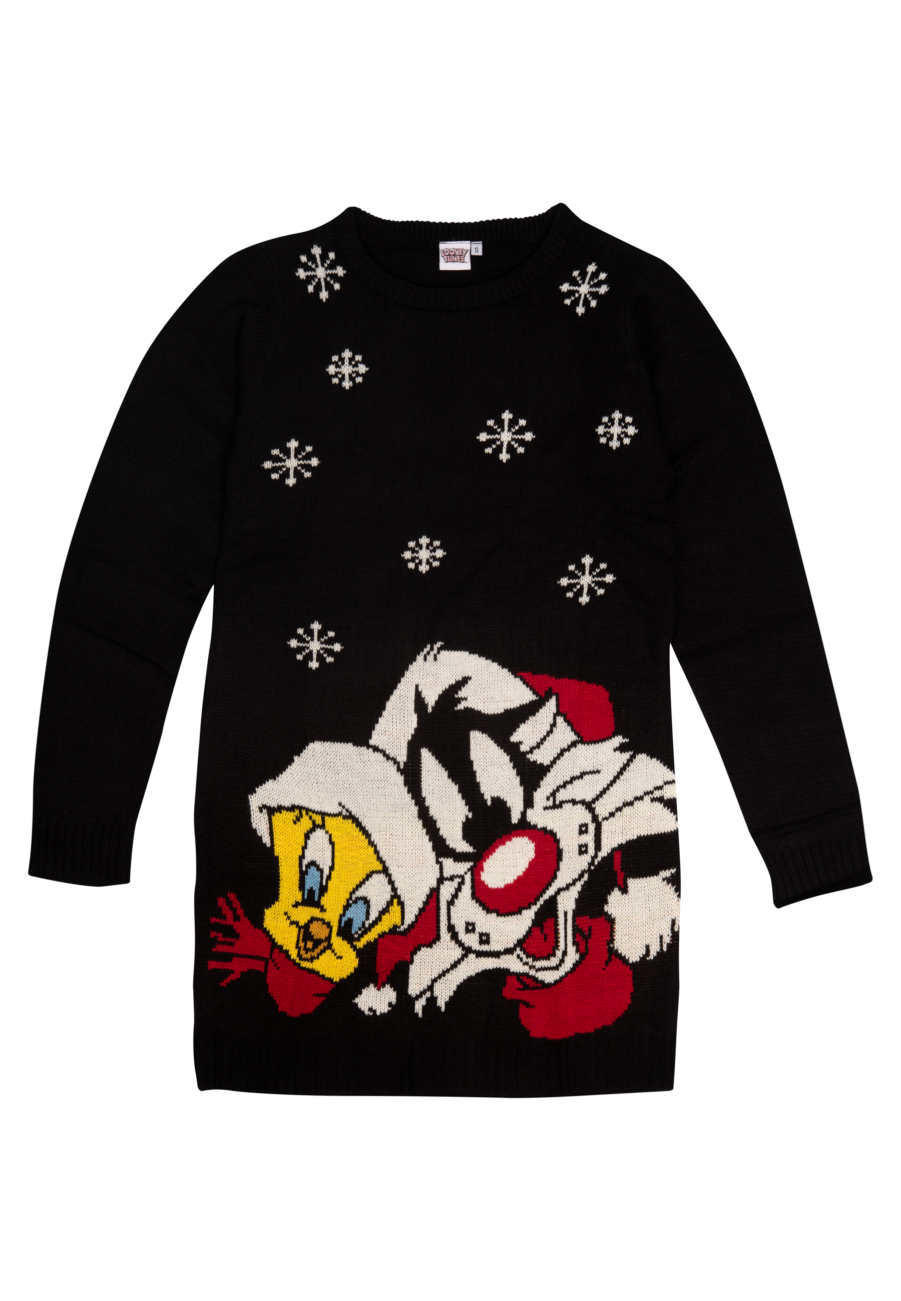 Schwarzer Pullover mit Schneeflocken und Sylvester und Tweety Bird in einem Weihnachtsdesign. Enthält Rot- und Gelbtöne.
