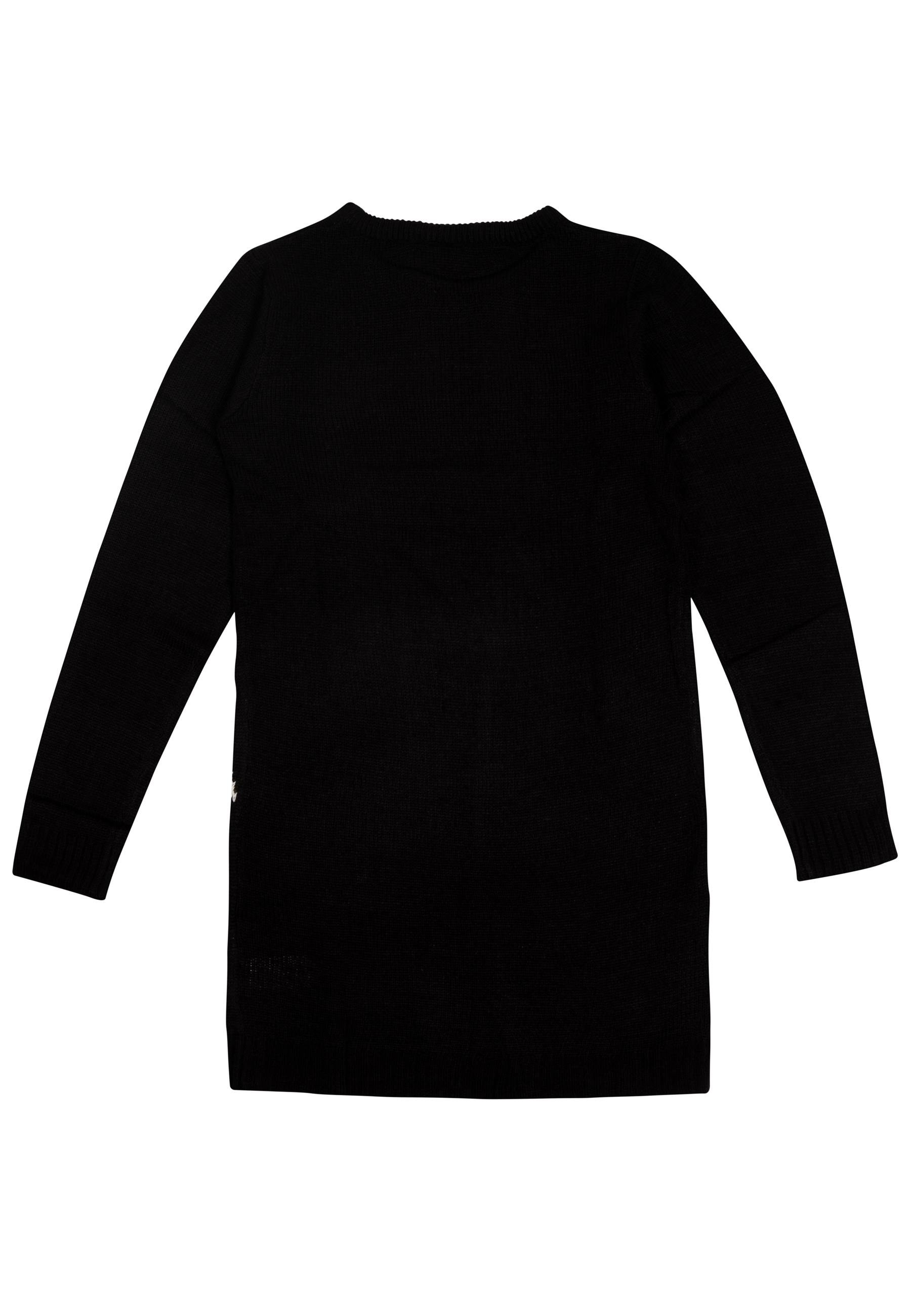 Ein langer, schwarzer Pullover mit langen Ärmeln auf weißem Grund. Er hat einen Rundhalsausschnitt und ein kleines Design.