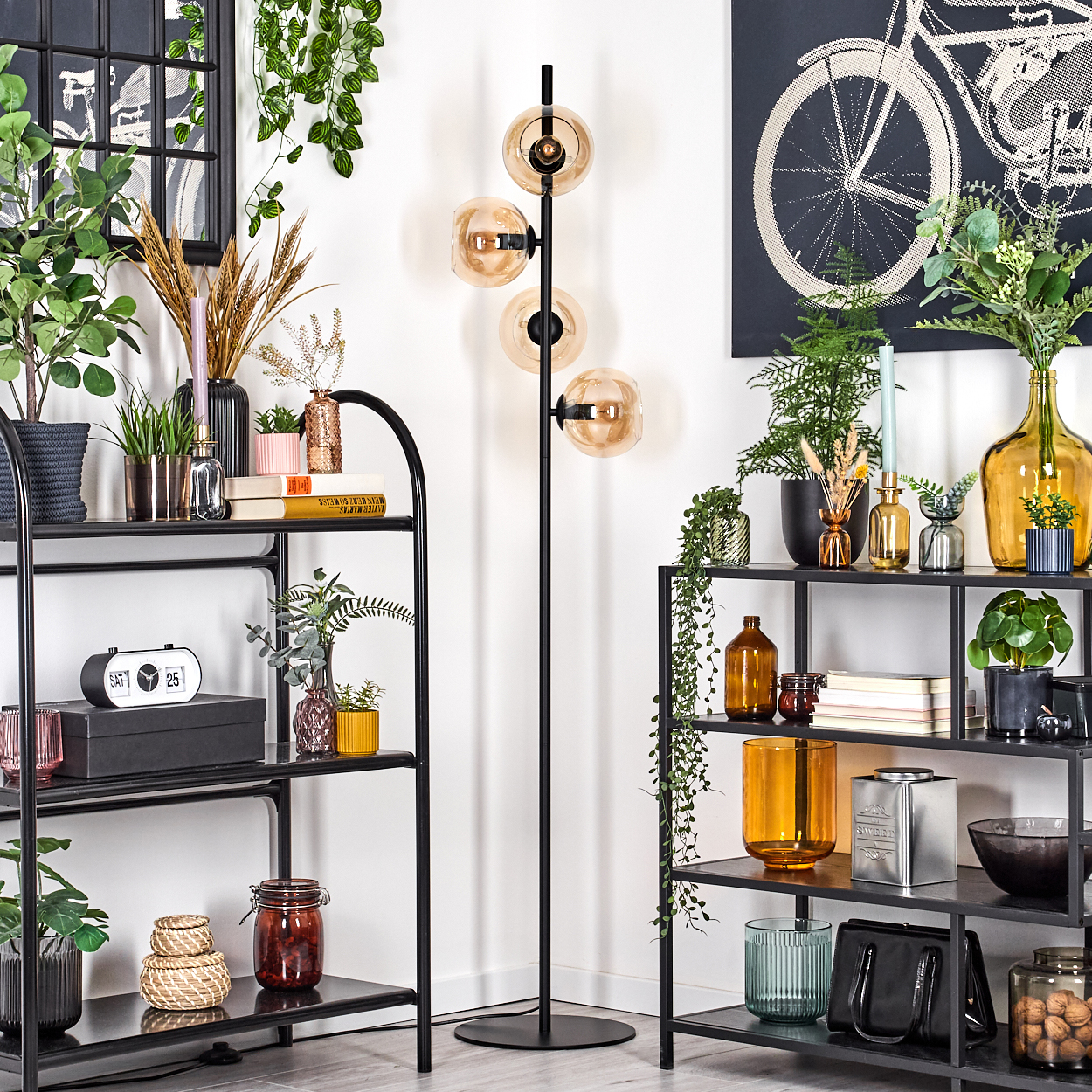 Ein Raum mit schwarzen Regalen, Pflanzen und einer Stehlampe. Es gibt Glasvasen, Kisten und eine Fahrradzeichnung.