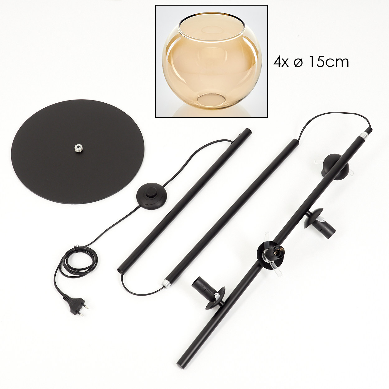 Eine zerlegte schwarze Lampe mit rundem Sockel, zwei Stangen, einem Fußschalter und einem Netzstecker. Eine Glasschale befindet sich oben links.