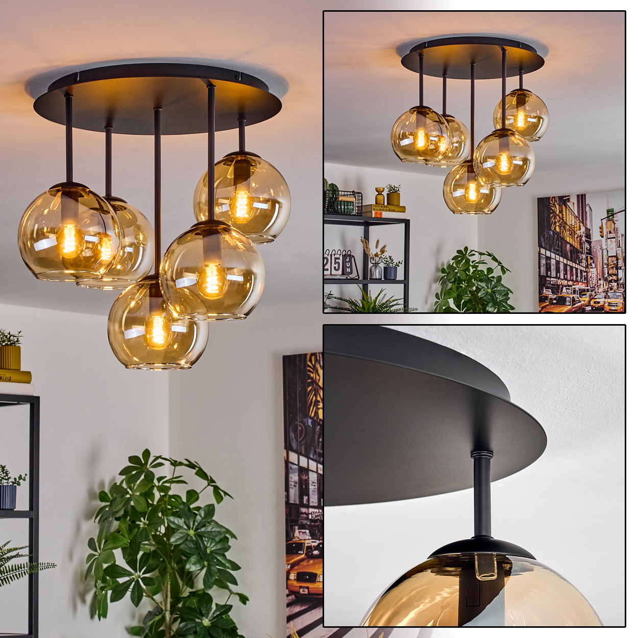 Eine moderne Deckenlampe mit sechs bernsteinfarbenen Glaskugeln. Die Lampe ist schwarz, mit rundem Sockel und Hängestangen.