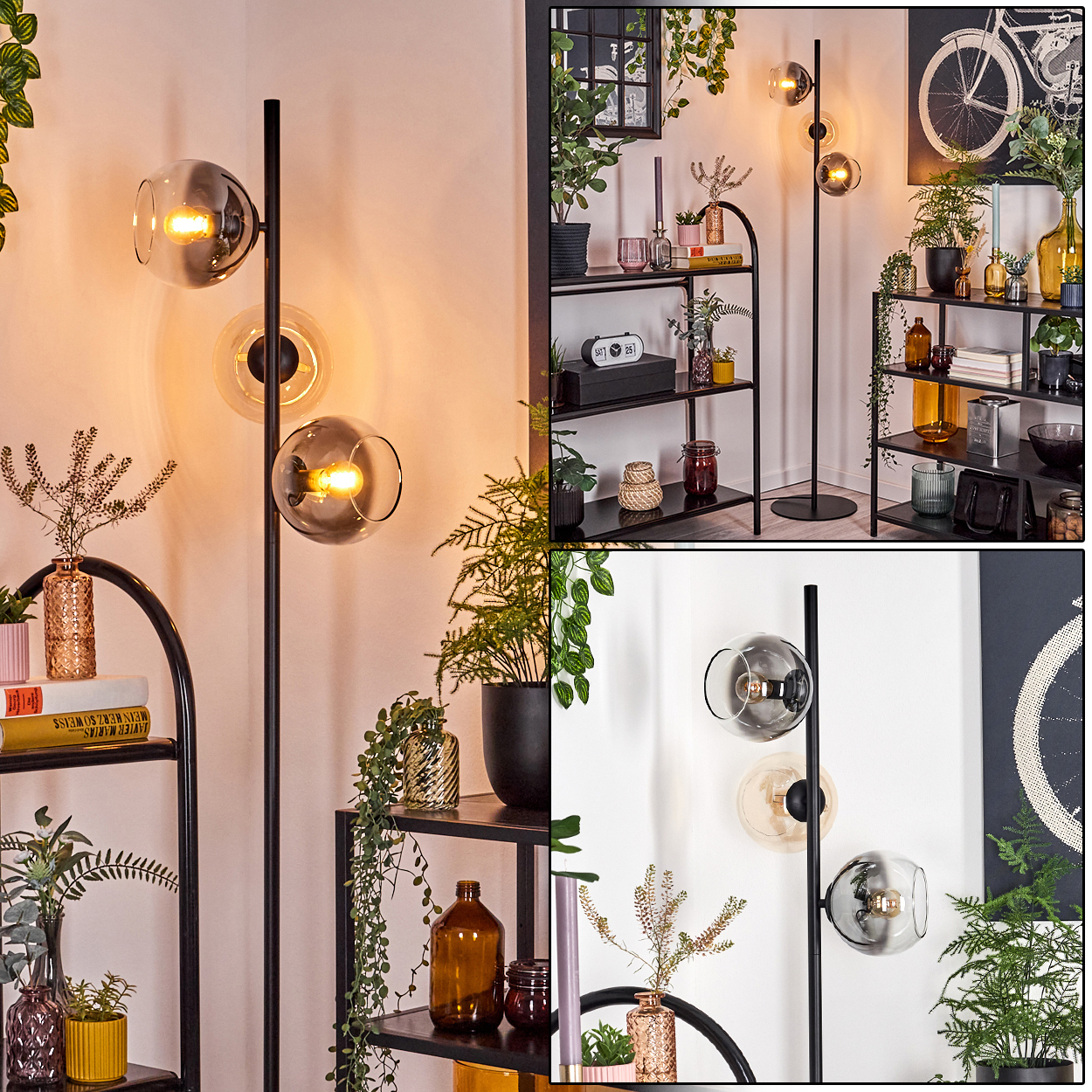 Eine moderne Stehlampe mit drei Glaskugeln. Regale mit Pflanzen und Dekoration befinden sich im Hintergrund. Ein Fahrrad-Kunstwerk ist sichtbar.