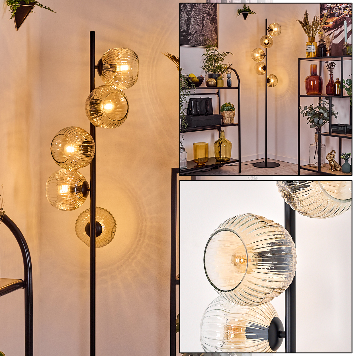 Eine moderne Stehlampe mit fünf Glaskugeln, schwarzem Rahmen und weißem Wandhintergrund wird gezeigt.