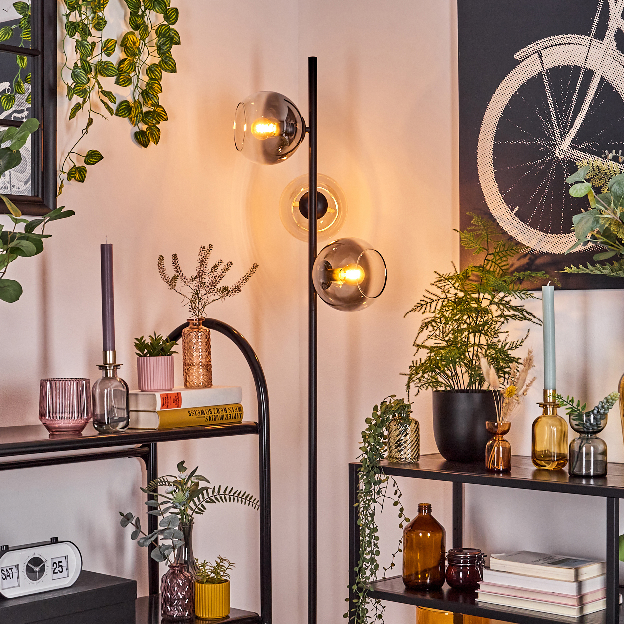 Eine Zimmerecke mit Stehlampe. Regale zeigen Pflanzen, Bücher und Dekor. Ein Fahrradkunstwerk hängt an der Wand.