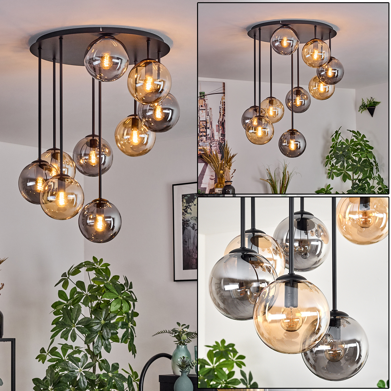 Eine moderne Deckenleuchte mit mehreren kugelförmigen Glaslampen. Die Lampen haben eine Mischung aus grauem und bernsteinfarbenem Glas.
