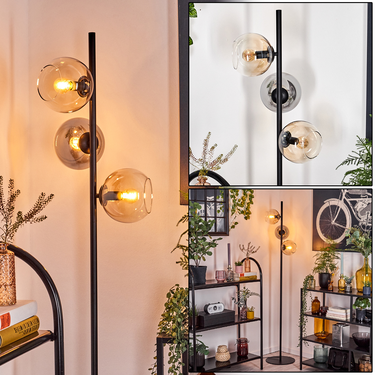 Eine moderne Stehlampe mit drei Glaskugelschirmen. Die Lampe steht in einem Raum mit Regalen, Pflanzen und Dekorationsartikeln.