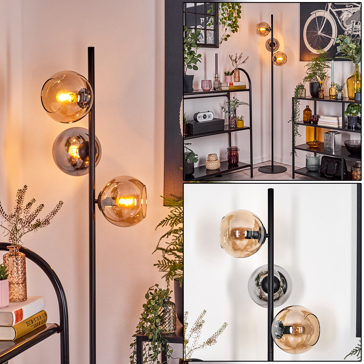 Eine moderne Stehlampe mit drei Glaskugelschirmen. Die Lampe steht in einem Raum mit Regalen und Pflanzen. Die Schirme sind beleuchtet.